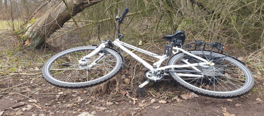 Weißes Fahrrad liegt geklaut im Gebüsch