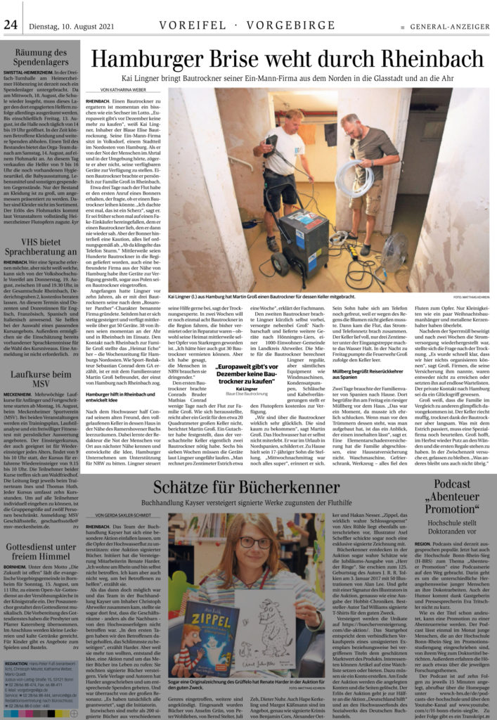Rheinbacher Lokalzeitung berichtet über die Flutopfer-Hilfe aus Hamburg.